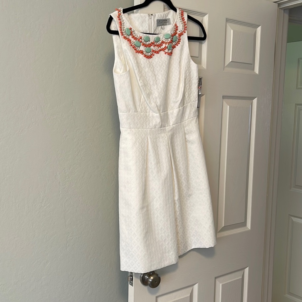 NWT Tahari -Levine Studio Dress 👗 Sz 4 White/Orange/Turquoise Embellishments!!
